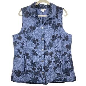 J. JILL Quilted Floral Paisley Vest Snap Button Casual Blue Women's Size L